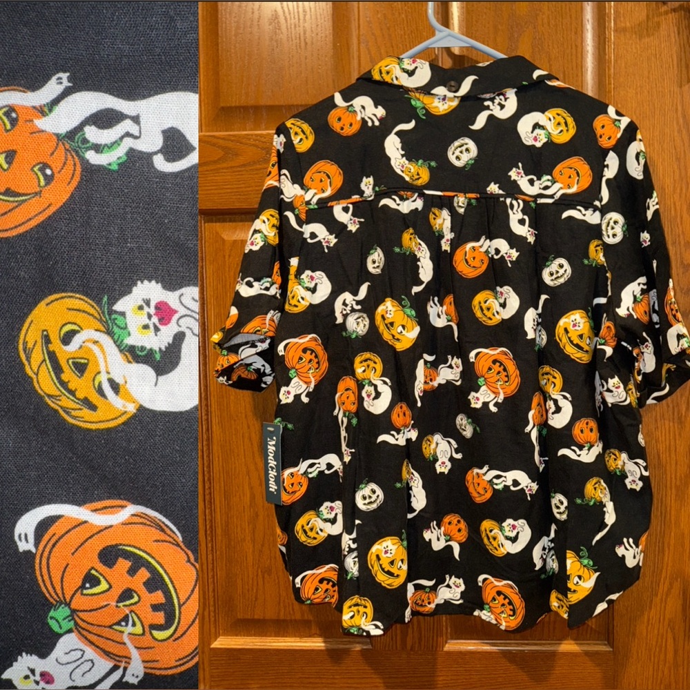 🌸NWT ModCloth 1X Shirred Shoulder Camp Collar Shirt in Boo Cat Black - Picture 2 of 3